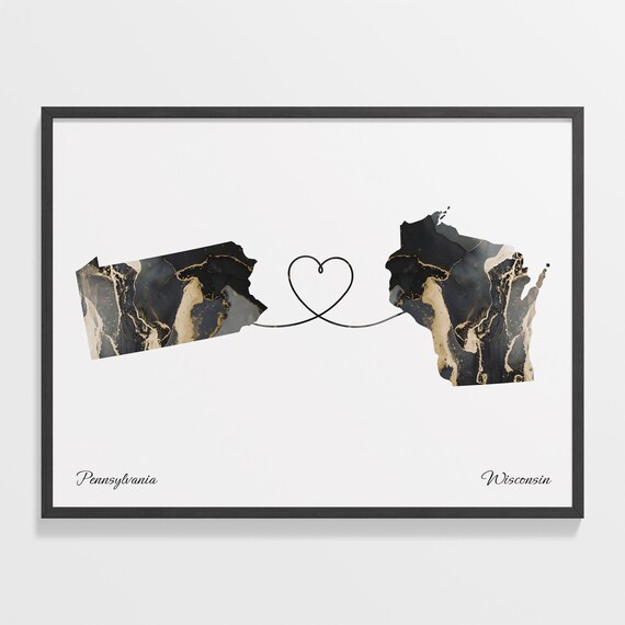 Pennsylvania to Wisconsin Black Gold Marble Map Heart Connection Poster