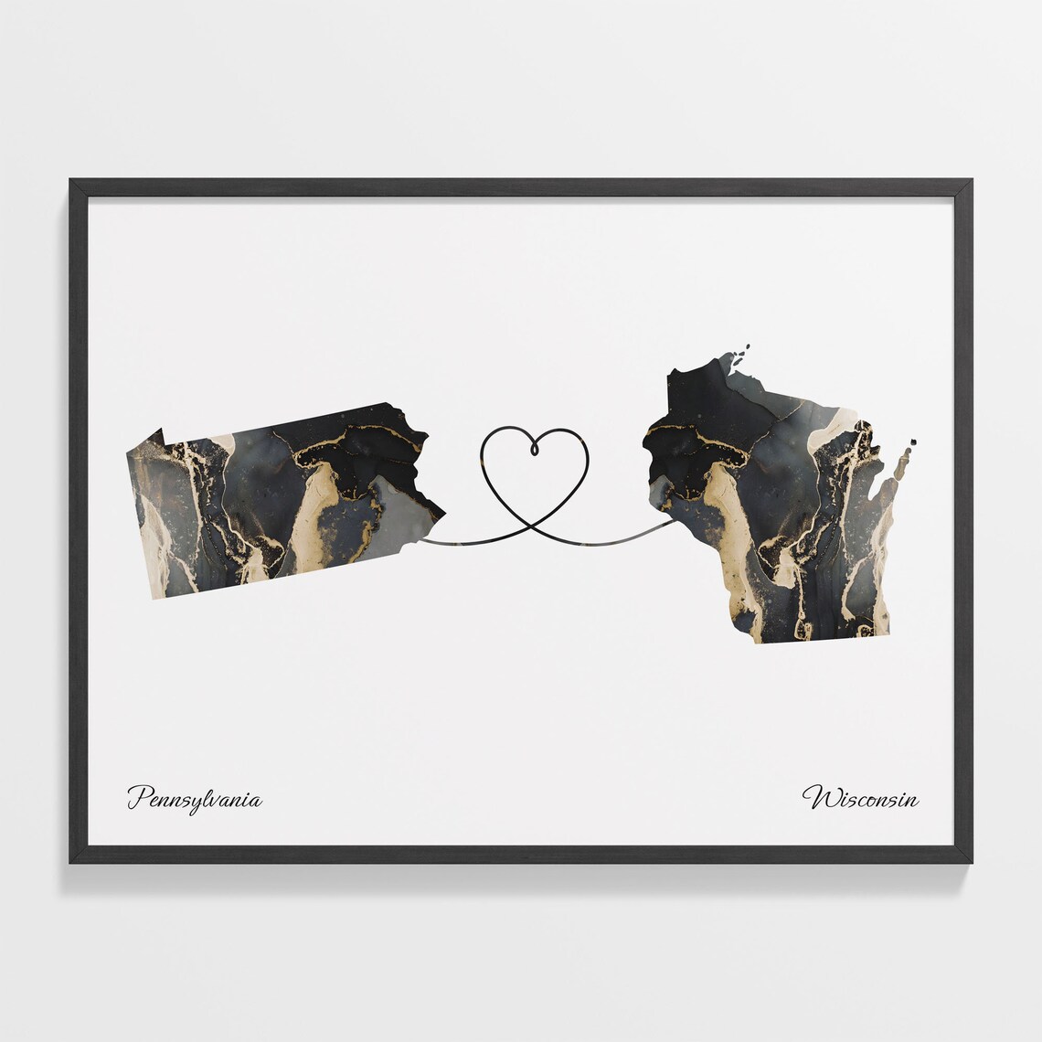 Pennsylvania to Wisconsin Black Gold Marble Map Heart Connection Poster