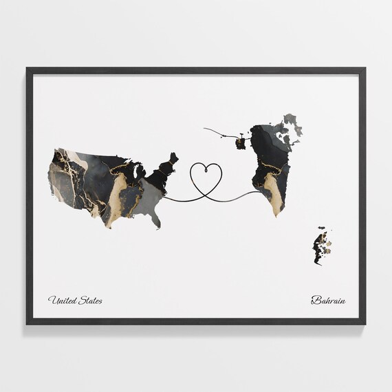 United States Bahrain Black Gold Marble Map Art Heart Connection Poster