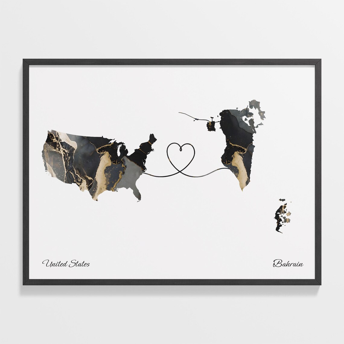 United States Bahrain Black Gold Marble Map Art Heart Connection Poster