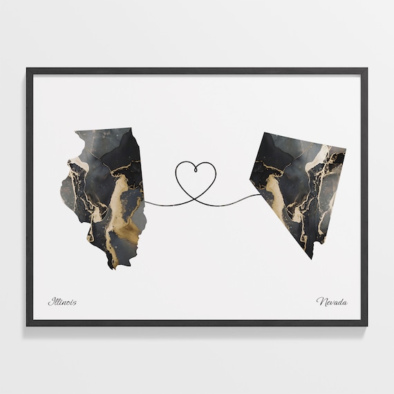 Long Distance Illinois to Nevada Heart Connection Marble Map Poster