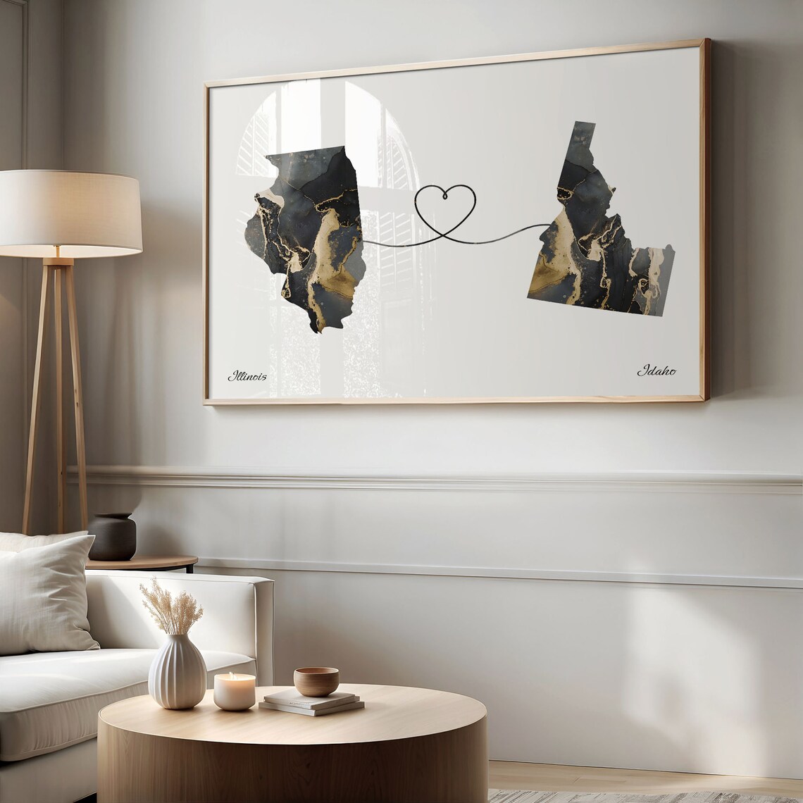 Illinois to Idaho Black Gold Marble Map Heart Connection Poster - Image 2