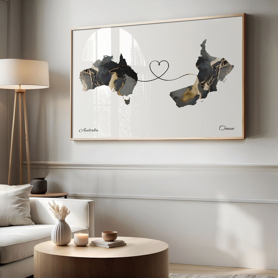 Australia Oman Long Distance Love Heart Marble Map Gift Poster - Image 2