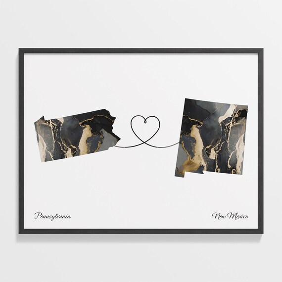 Pennsylvania to New Mexico Black Gold Marble Map Heart Connection Poster