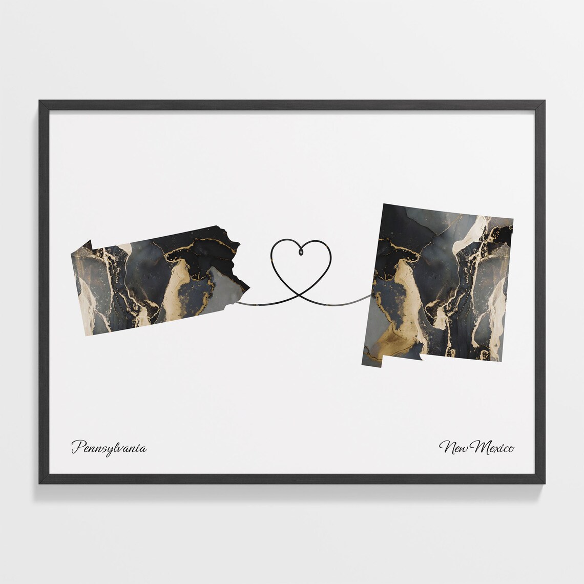 Pennsylvania to New Mexico Black Gold Marble Map Heart Connection Poster