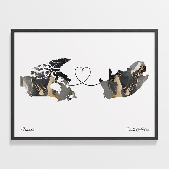 Canada To South Africa Black Gold Marble Long Distance Heart Map Poster