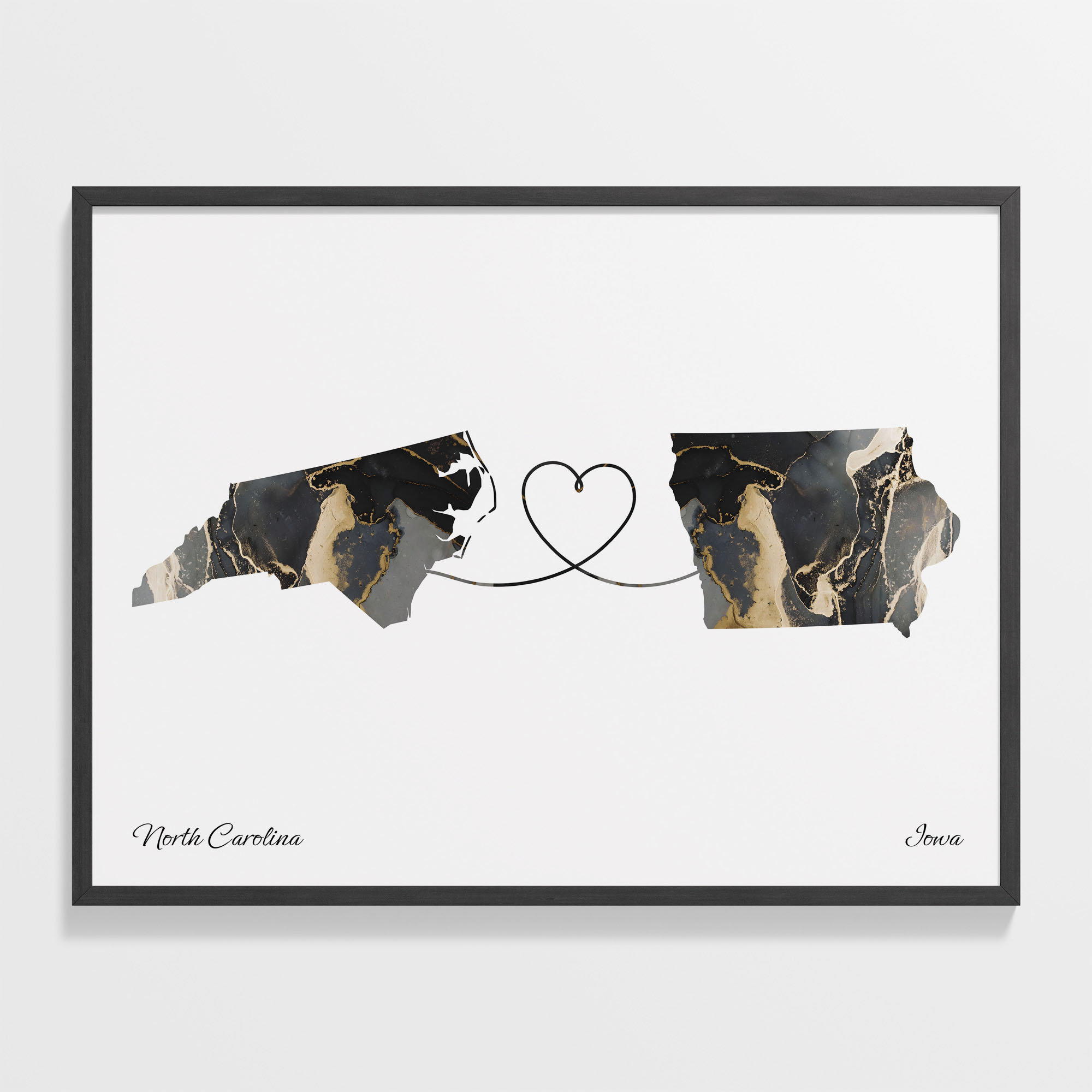 North Carolina Iowa Long Distance Love Black Gold Marble Map Poster