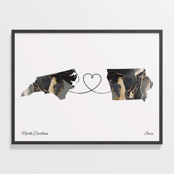 North Carolina Iowa Long Distance Love Black Gold Marble Map Poster