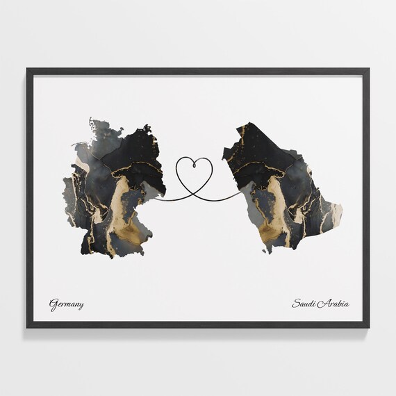 Germany Saudi Arabia Heart Marble Map Couple Long Distance Poster