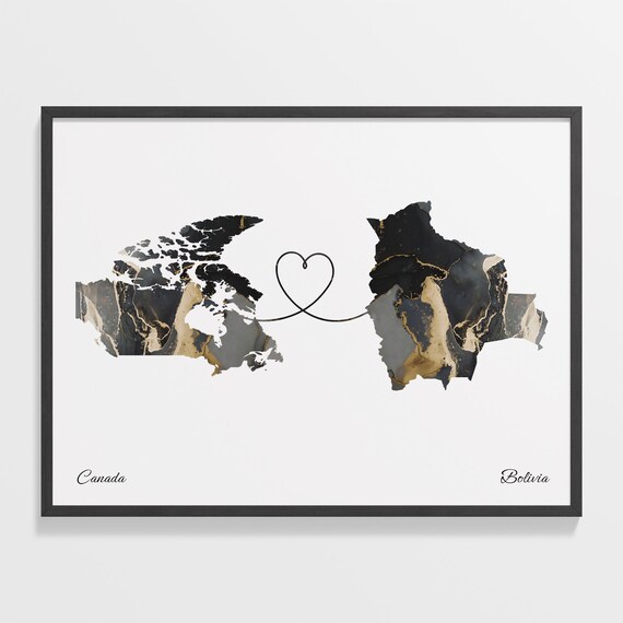 Canada To Bolivia Black Gold Marble Long Distance Heart Map Poster