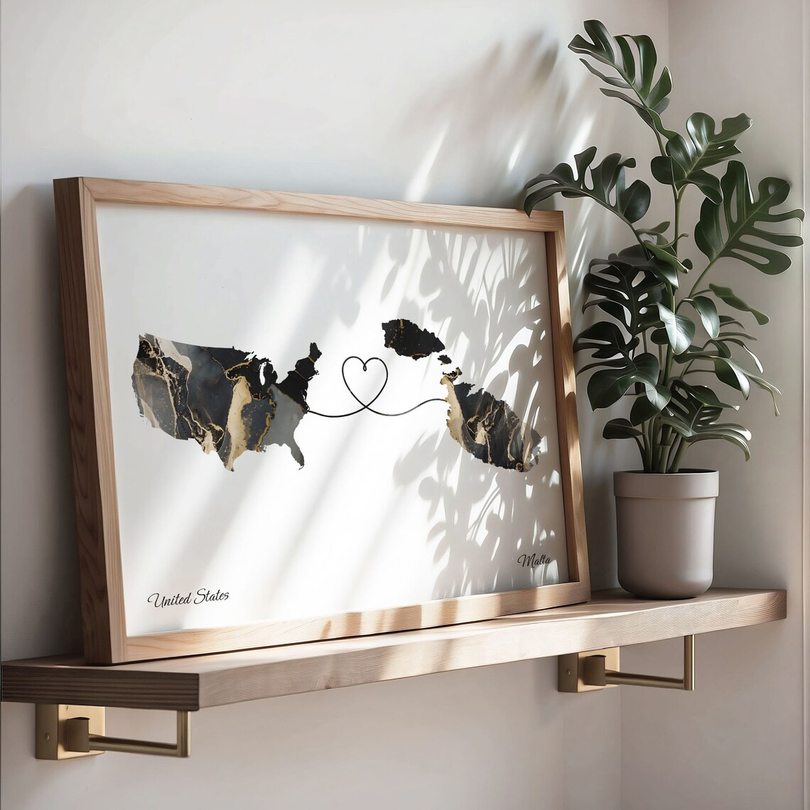 United States and Malta Black Marble Heart Connection Map Poster - Image 3