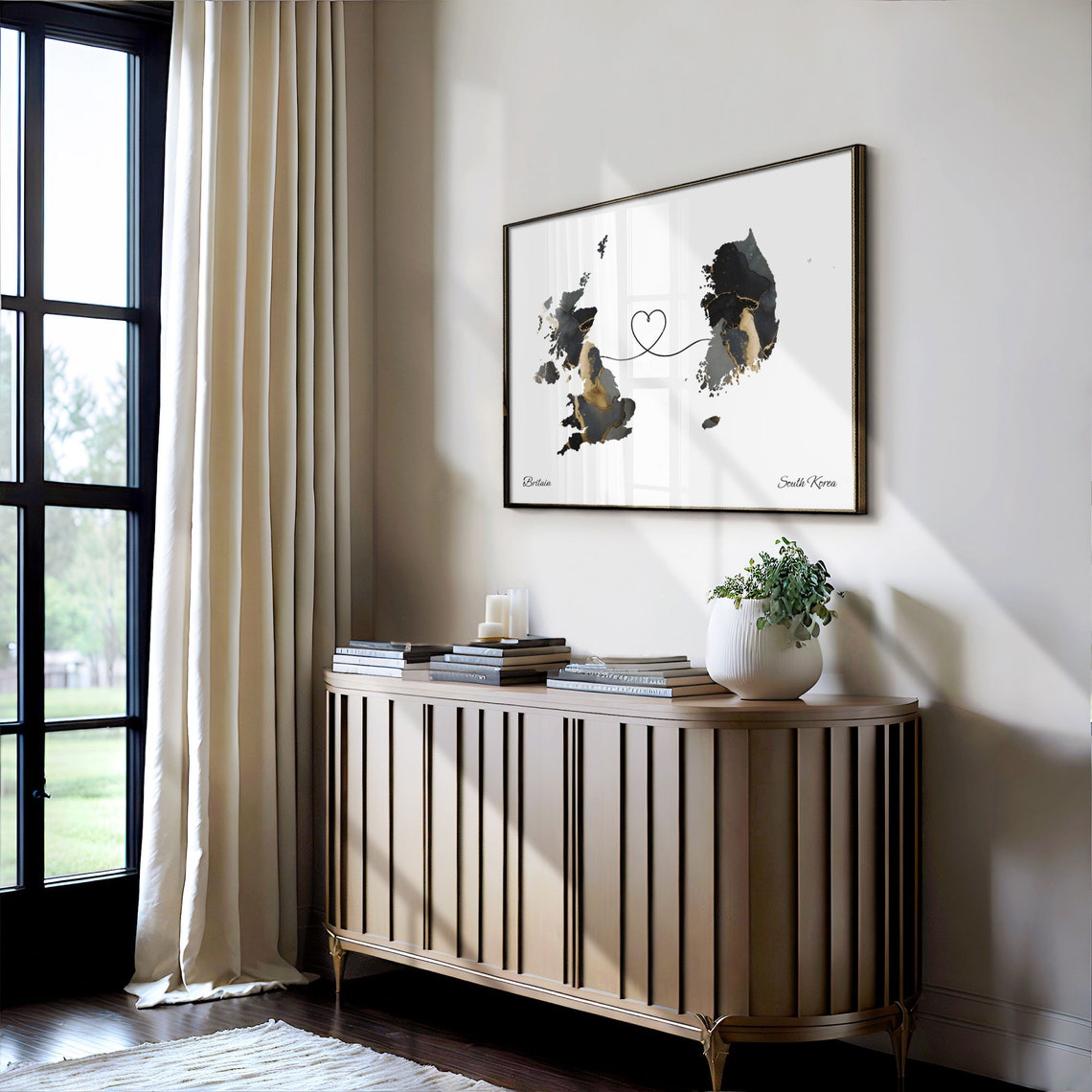 Britain To South Korea Long Distance Marble Map Heart Print Art - Image 4