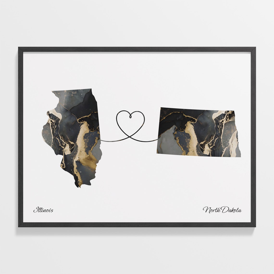 Illinois to North Dakota Long Distance Love Marble Map Art Poster