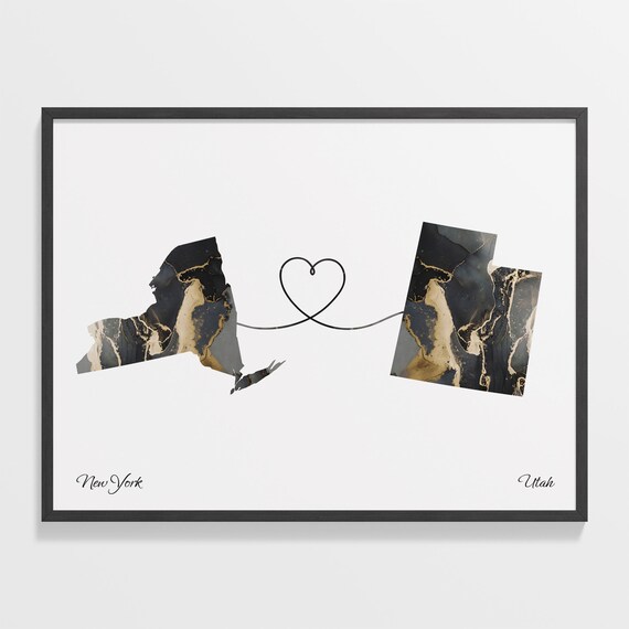 New York Utah Marble State Map Poster Heart Line Moving Gift