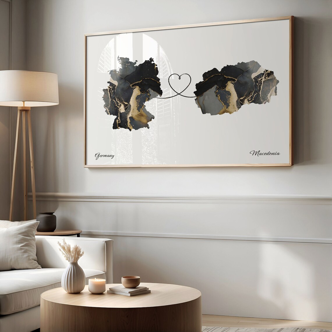 Germany to Macedonia Black and Gold Marble Two Country Map Poster - Image 2