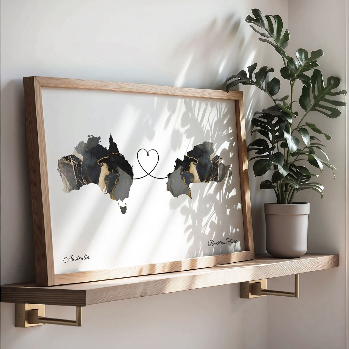 Australia to Burkina Faso Black and Gold Marble Two Country Map Poster - Image 3