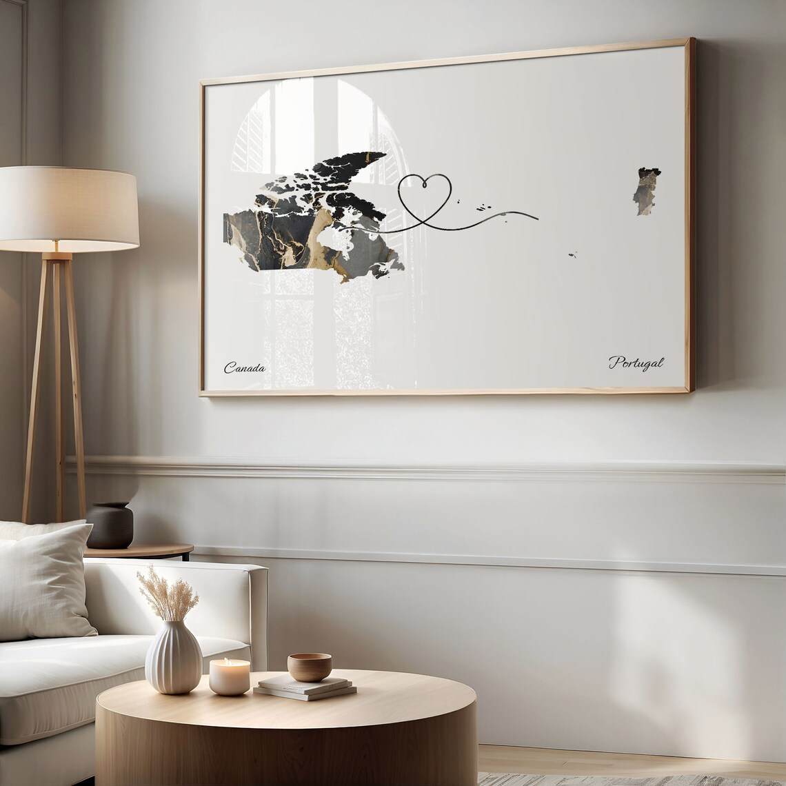 Canada To Portugal Black Gold Marble Long Distance Heart Map Poster - Image 2