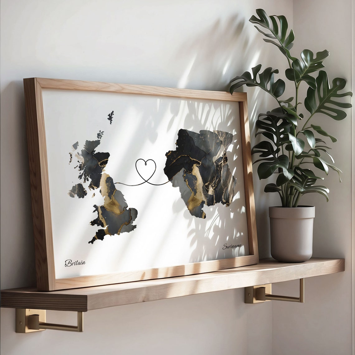 Britain and Suriname Heart Connection Black and Gold Marble Poster - Image 3