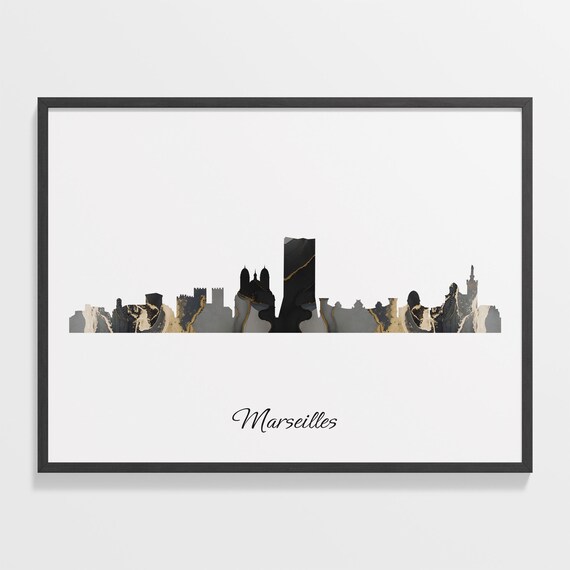 Marseilles Luxury Black Gold Marble City Skyline Silhouette Poster