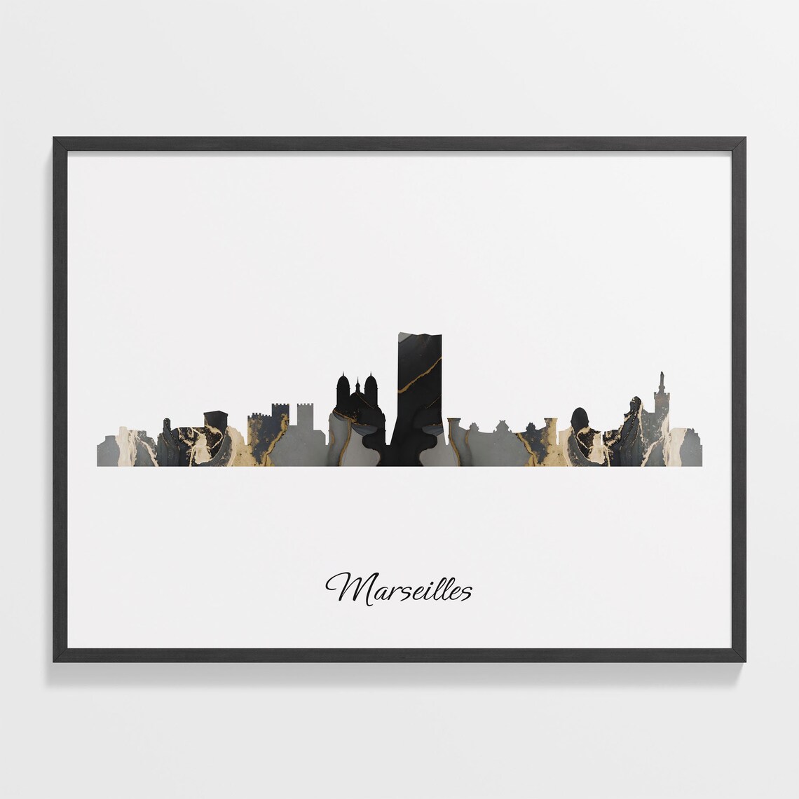 Marseilles Luxury Black Gold Marble City Skyline Silhouette Poster
