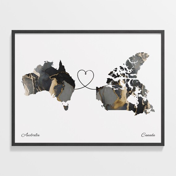 Australia To Canada Black Gold Marble Long Distance Heart Map Poster