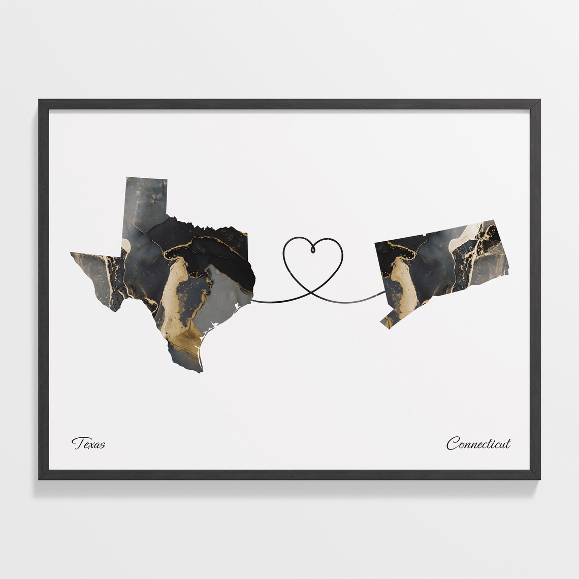 Texas Connecticut Marble Heart Map Long Distance Print Gift Art