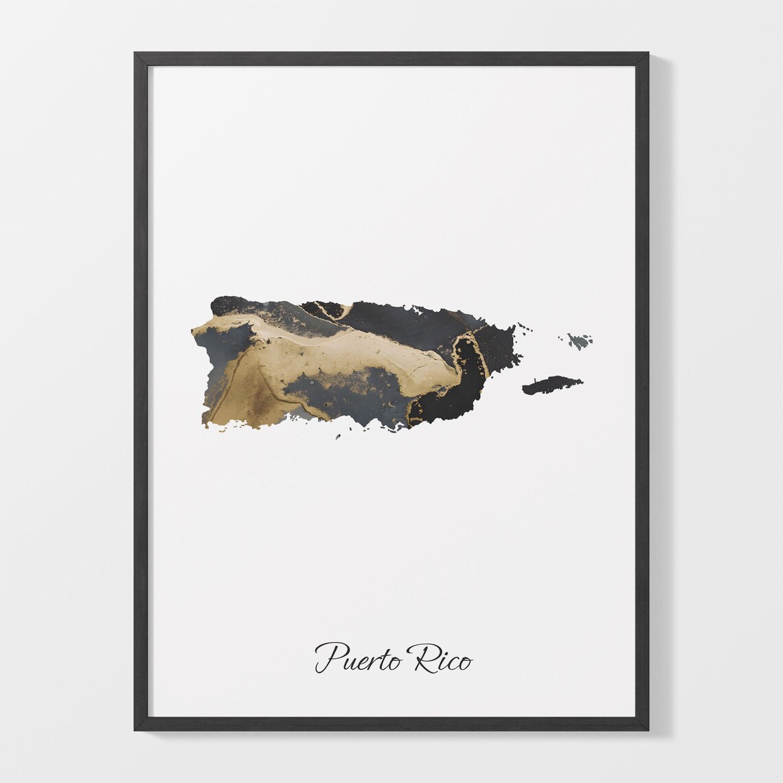Puerto Rico Marble Map Print Black Gold Island Silhouette Wall Decor