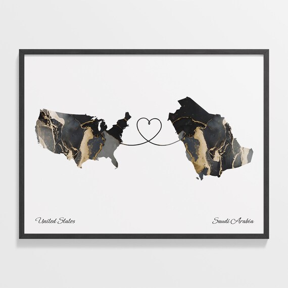 United States and Saudi Arabia Black Gold Marble Heart Map Poster
