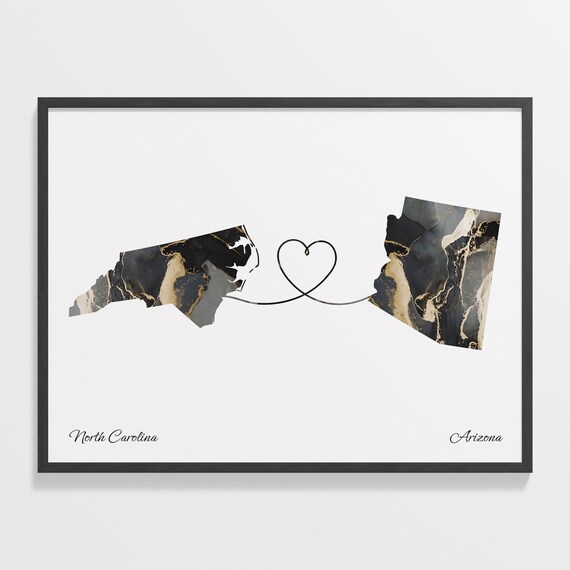 North Carolina Arizona Long Distance Love Black Gold Marble Map Poster