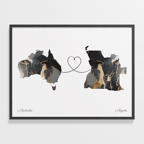 Australia To Angola Black Gold Marble Long Distance Heart Map Poster