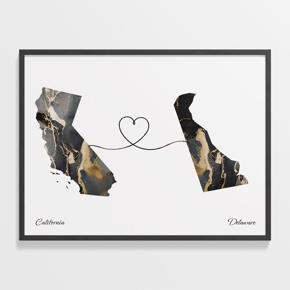 California and Delaware Black and Gold Marble Two States Map Poster