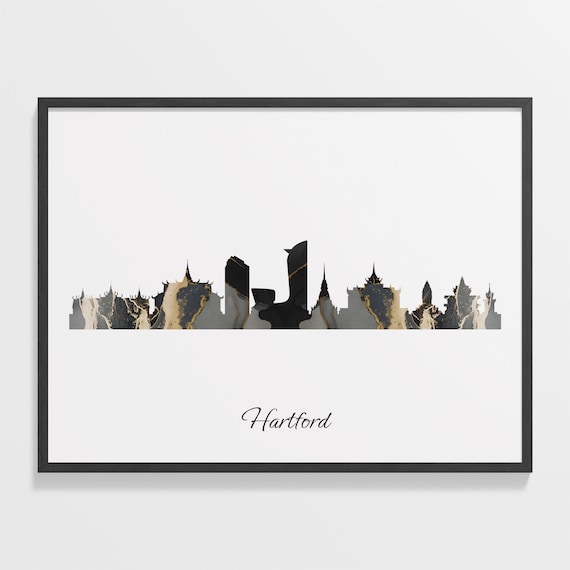 Hartford Connecticut USA Black Gold Marble Skyline Silhouette City Print