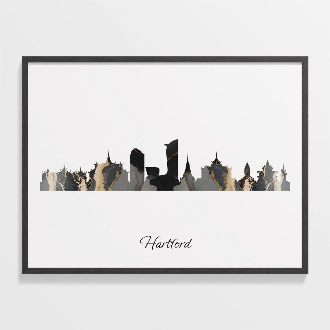 Hartford Connecticut USA Black Gold Marble Skyline Silhouette City Print