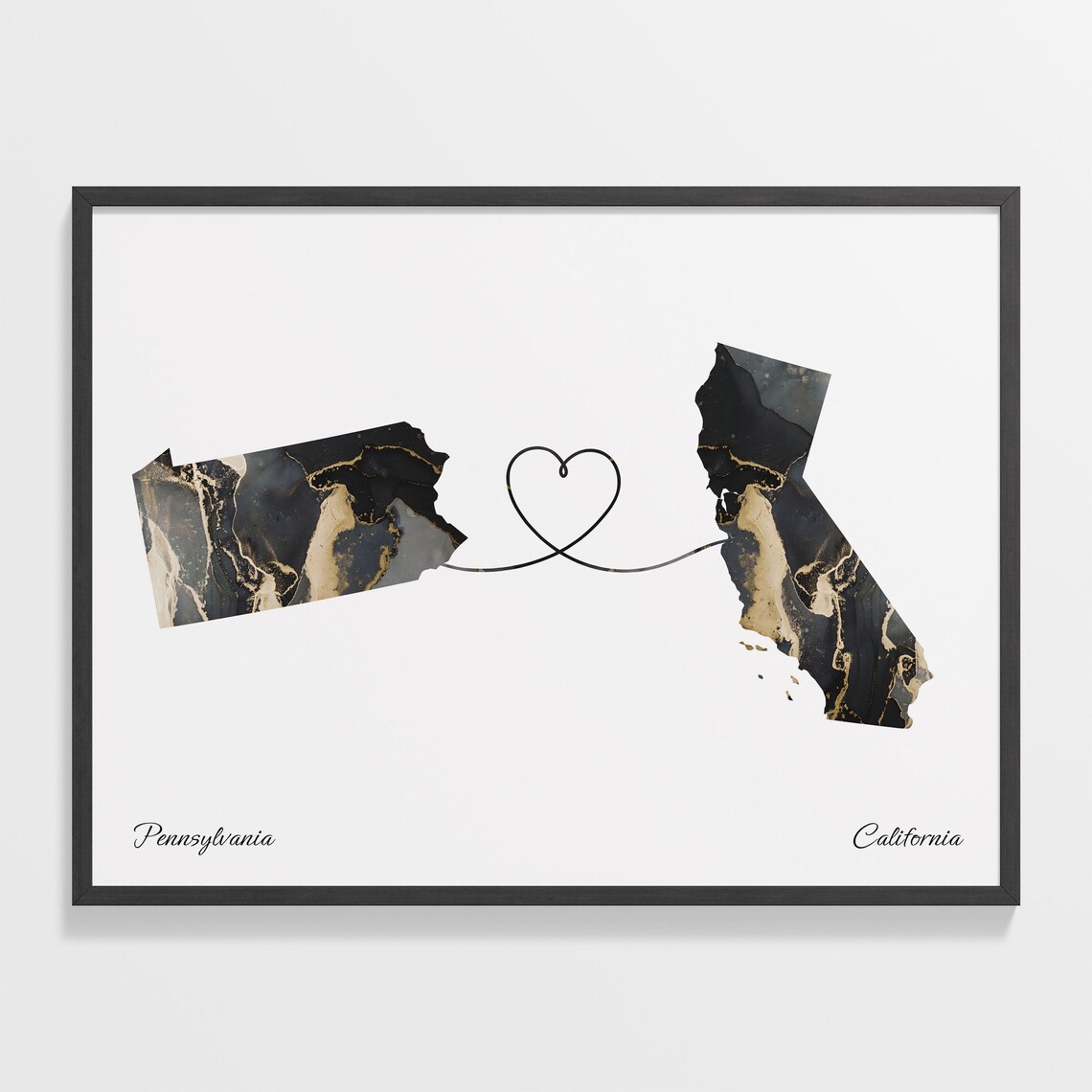 Pennsylvania to California Long Distance Love Marble Map Art Poster