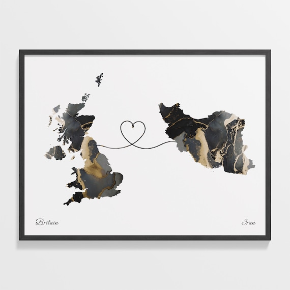 Britain to Iran Two Country Long Distance Heart Marble Map Poster