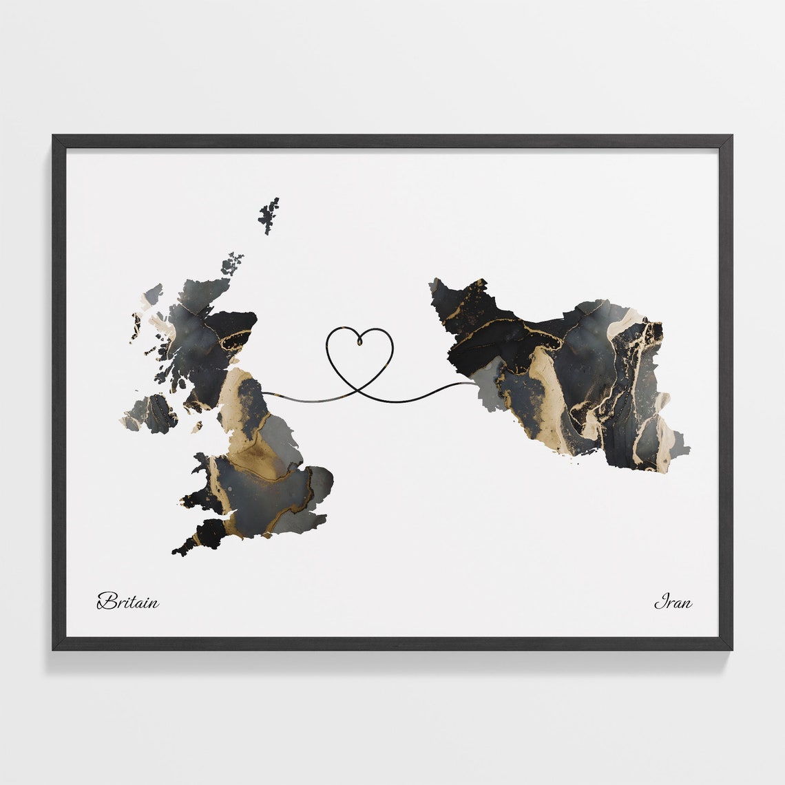 Britain to Iran Two Country Long Distance Heart Marble Map Poster