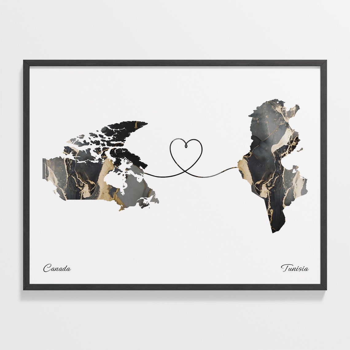Canada to Tunisia Black Gold Marble Heart Connection Map Poster