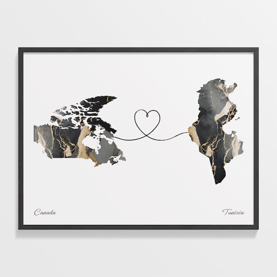 Canada to Tunisia Black Gold Marble Heart Connection Map Poster