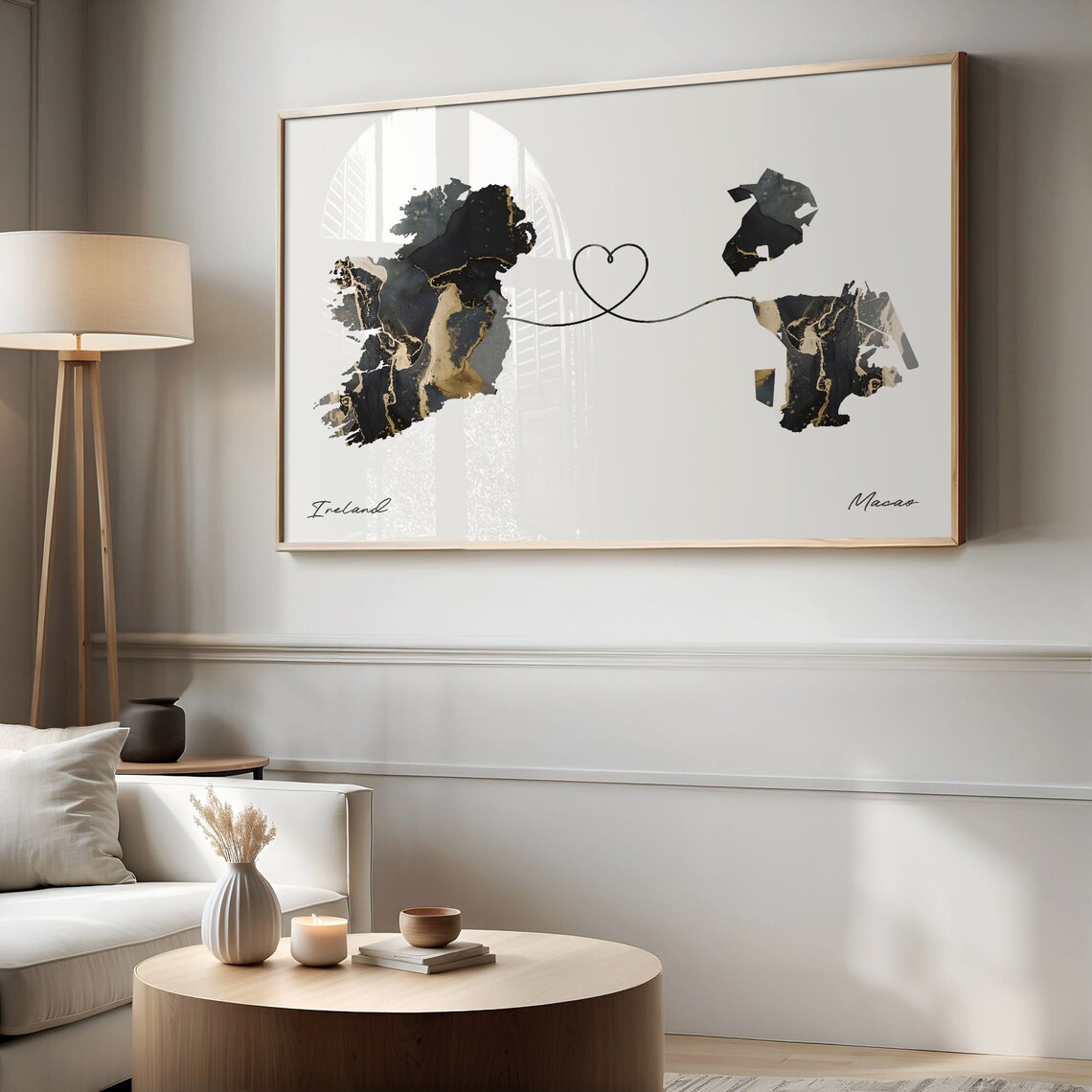Ireland To Macao Elegant Black Marble Two Country Heart Map Poster - Image 2