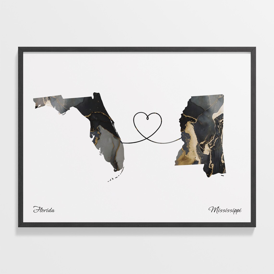 Florida to Mississippi Long Distance Love Marble Map Art Poster