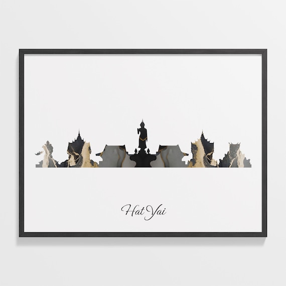Hat Yai Skyline Marble Cityscape Black and Gold Travel Poster