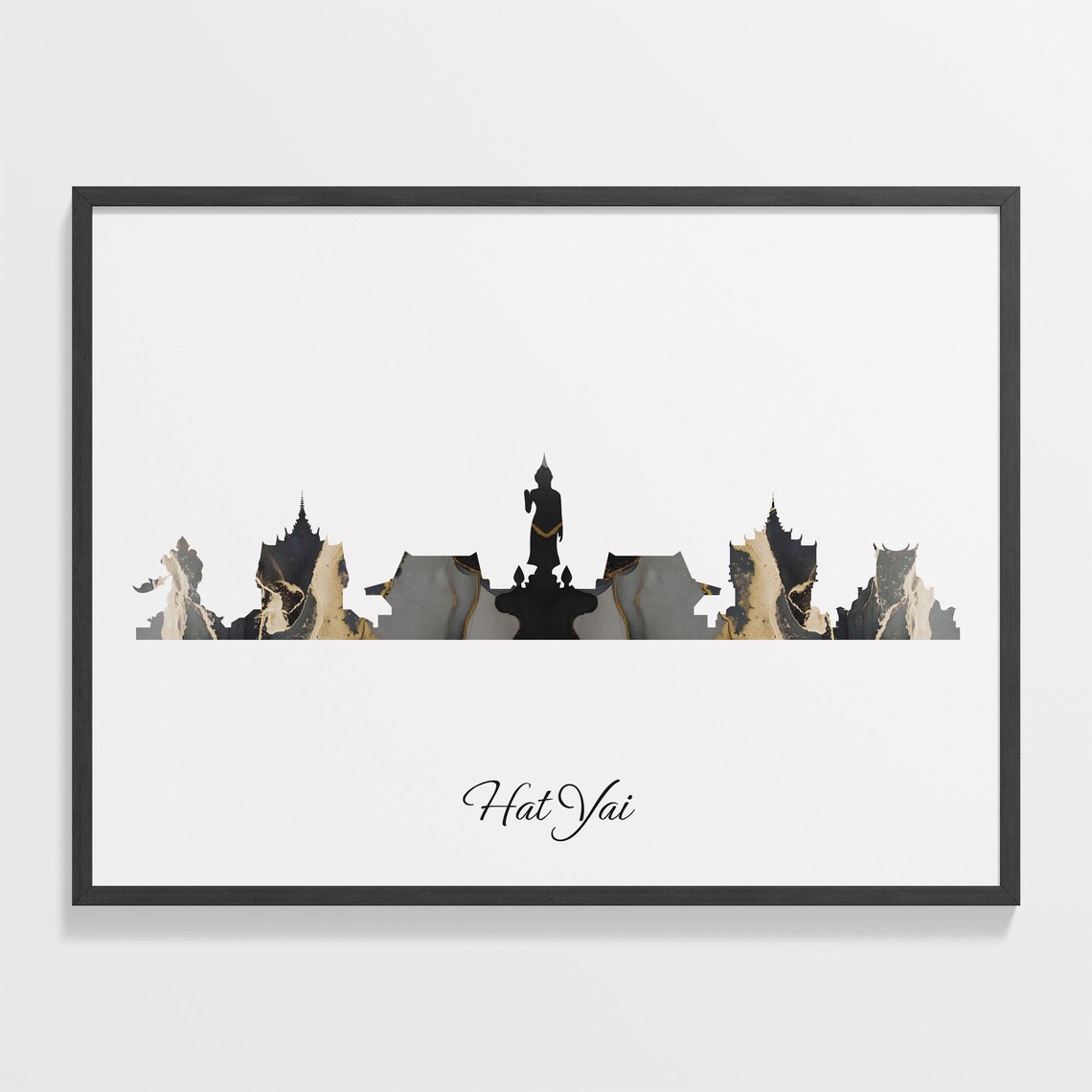 Hat Yai Skyline Marble Cityscape Black and Gold Travel Poster