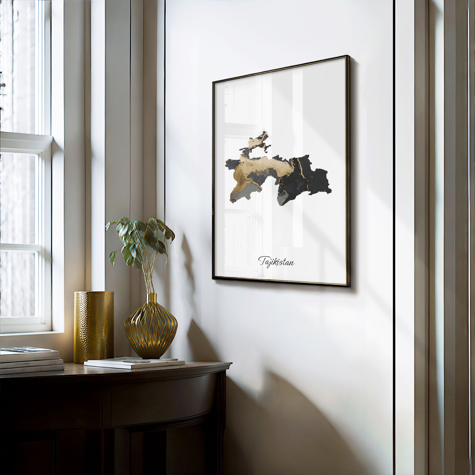 Tajikistan Black and Gold Marble Country Map Silhouette Minimalist Poster - Image 3