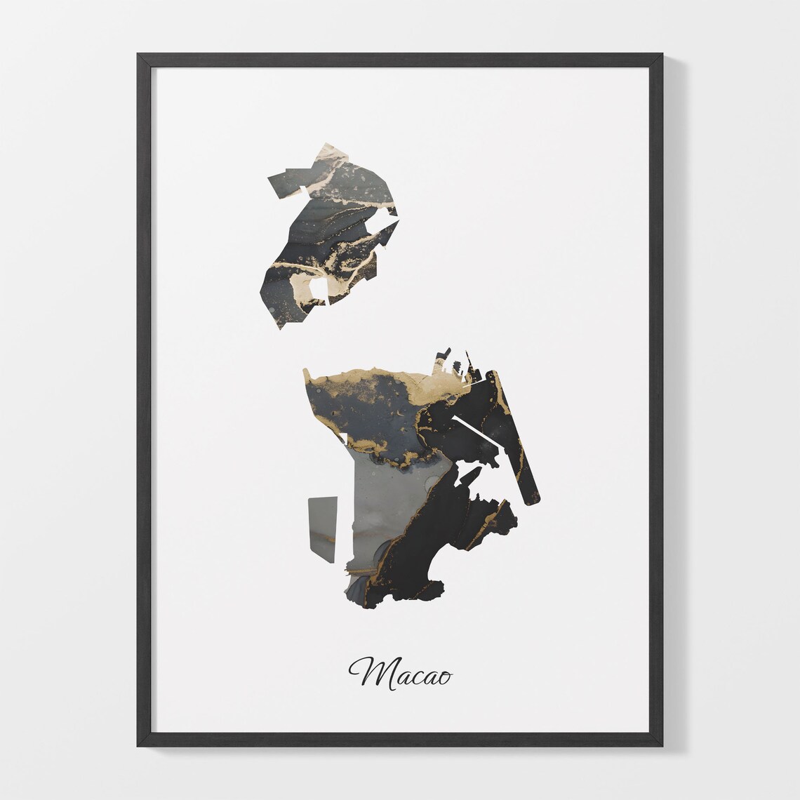 Macao Black and Gold Marble City Map Silhouette Minimalist Poster