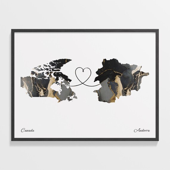 Canada To Andorra Black Gold Marble Long Distance Heart Map Poster