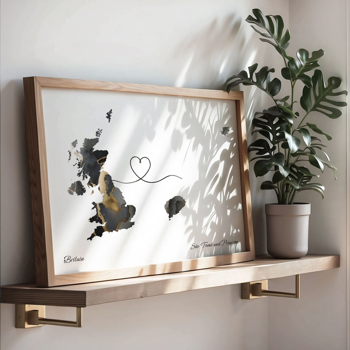 Britain and Sao Tome and Principe Black Gold Marble Two Country Love Map Poster - Image 3
