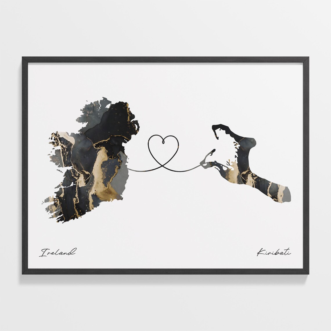 Ireland To Kiribati Heart Connected Black Marble Country Map Poster