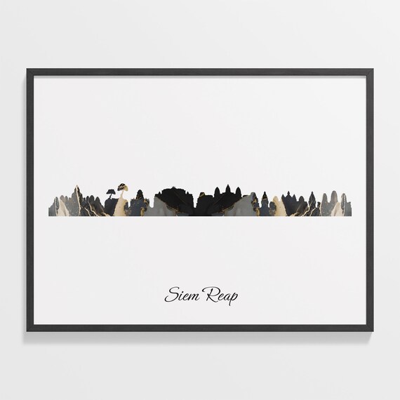Siem Reap Cambodia Black Gold Marble Skyline Silhouette Poster