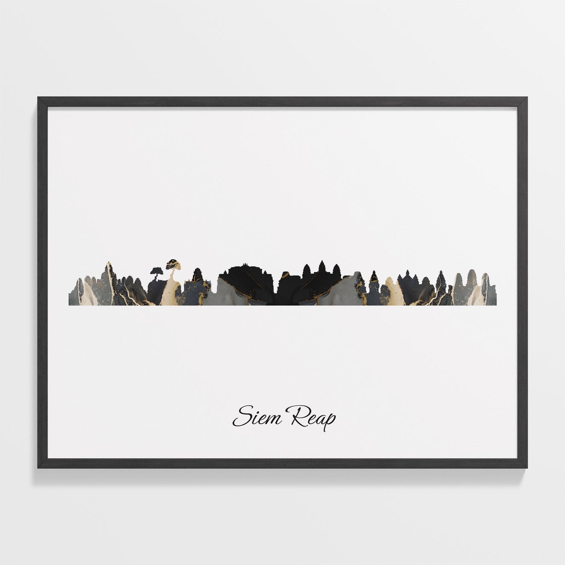 Siem Reap Cambodia Black Gold Marble Skyline Silhouette Poster