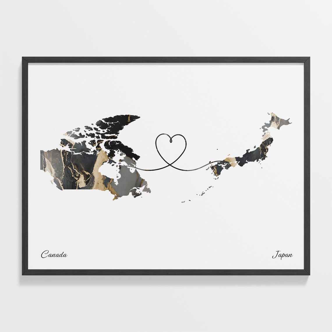 Canada To Japan Marble Map Heart Poster Long Distance Travel Love Gift